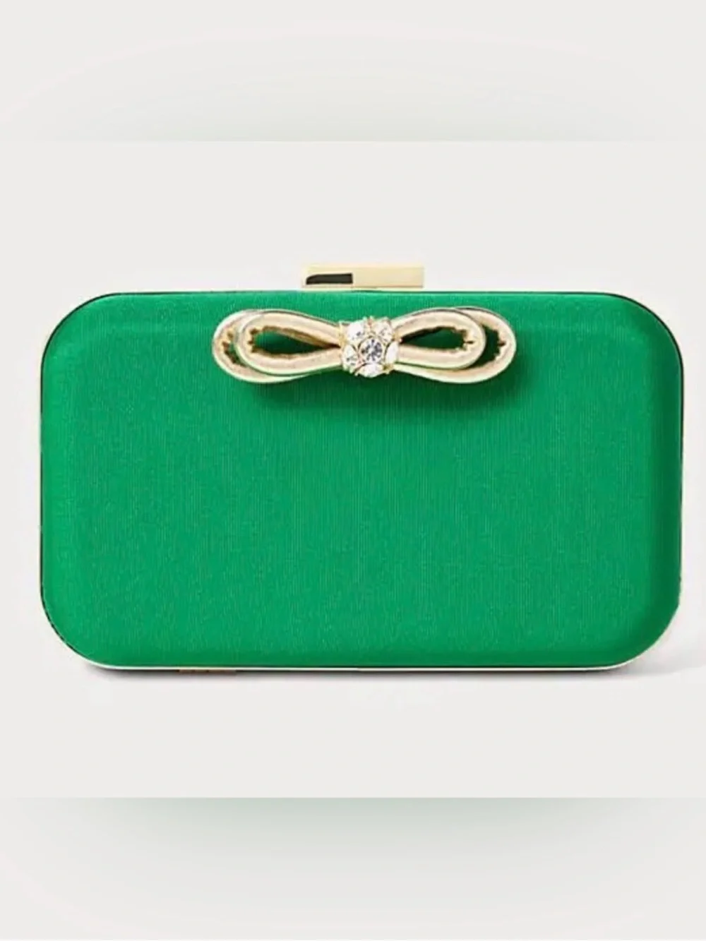 NWT Lilly Pulitzer Jessy Bow Hard Clutch Bamboo Green Gold Chain Crossbody Bag